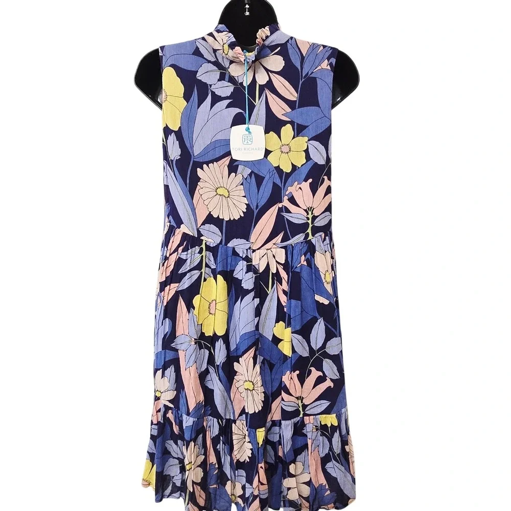 NWT Tori Richard Paola Dress Navy Blue Floral Cotton Rayon Tiered XS 7627-WQ76 - Picture 4 of 8